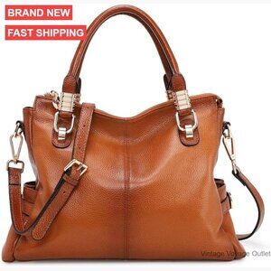 Large Genuine Leather Satchel Tote Shoulder Bag with Multiple Pockets